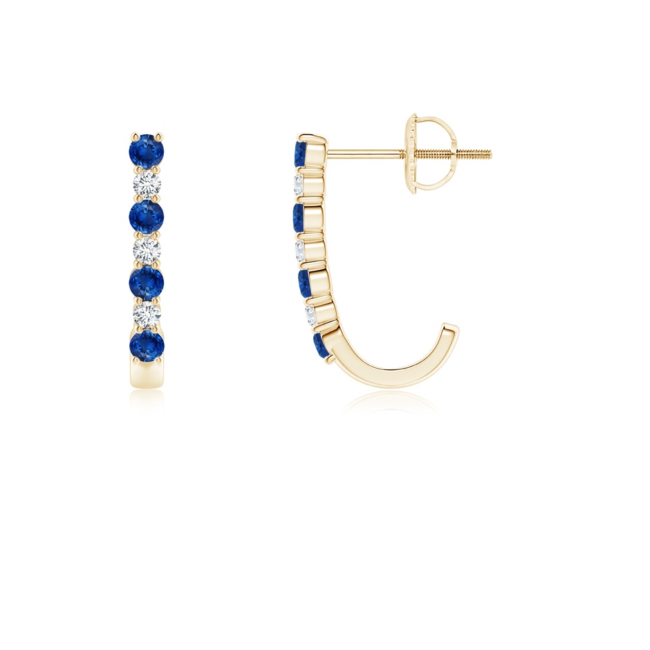 2mm AAA Blue Sapphire and Diamond J-Hoop Earrings in Yellow Gold 
