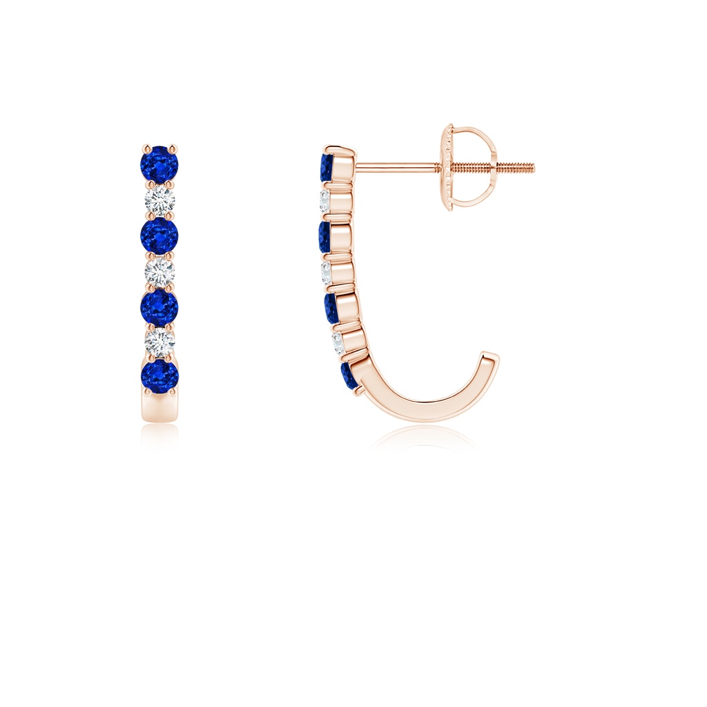 2mm AAAA Blue Sapphire and Diamond J-Hoop Earrings in Rose Gold