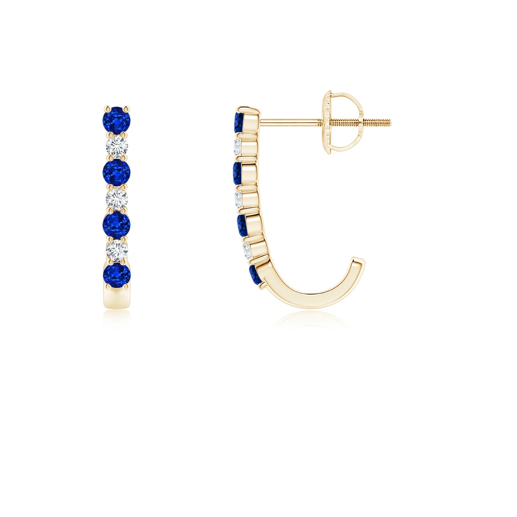 2mm AAAA Blue Sapphire and Diamond J-Hoop Earrings in Yellow Gold