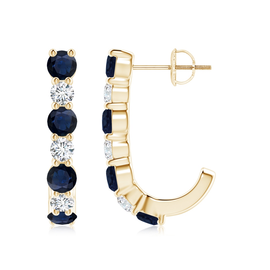 3.5mm A Blue Sapphire and Diamond J-Hoop Earrings in Yellow Gold 