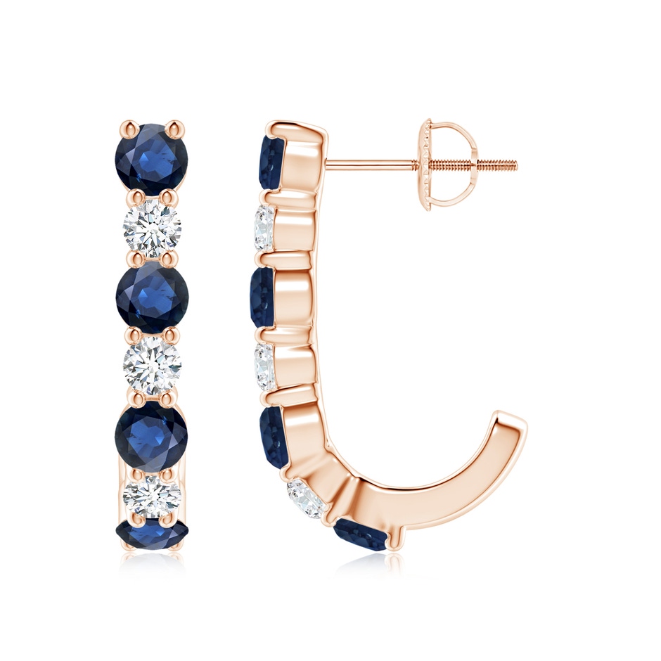 3.5mm AA Blue Sapphire and Diamond J-Hoop Earrings in Rose Gold 
