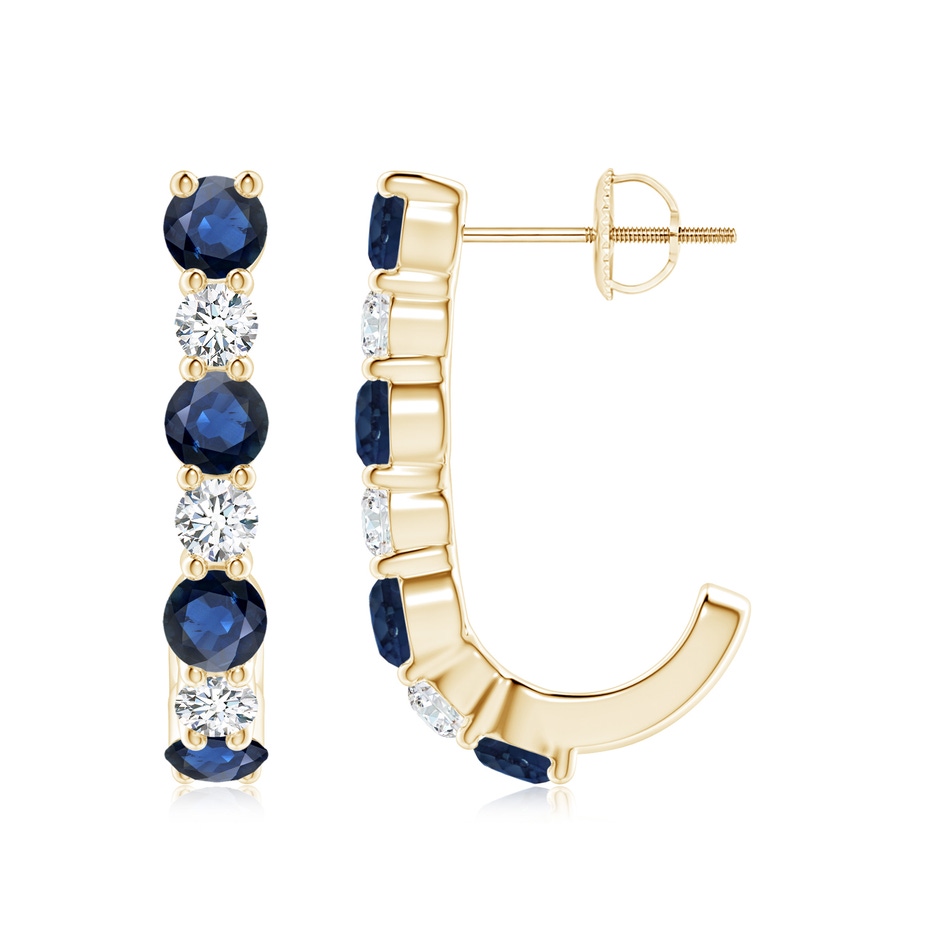 3.5mm AA Blue Sapphire and Diamond J-Hoop Earrings in Yellow Gold 