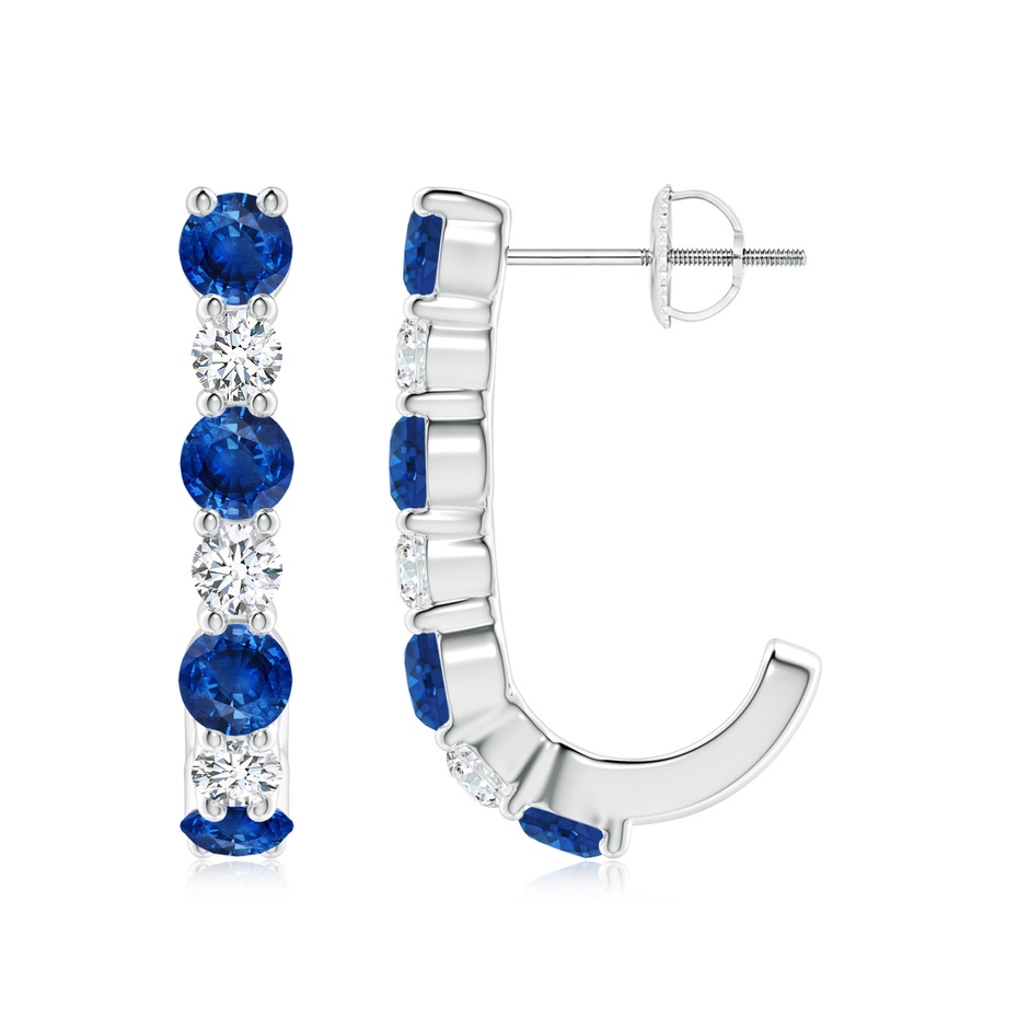 3.5mm AAA Blue Sapphire and Diamond J-Hoop Earrings in White Gold 