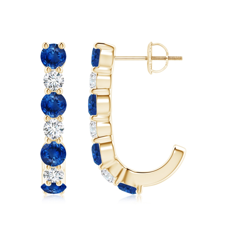 3.5mm AAA Blue Sapphire and Diamond J-Hoop Earrings in Yellow Gold 