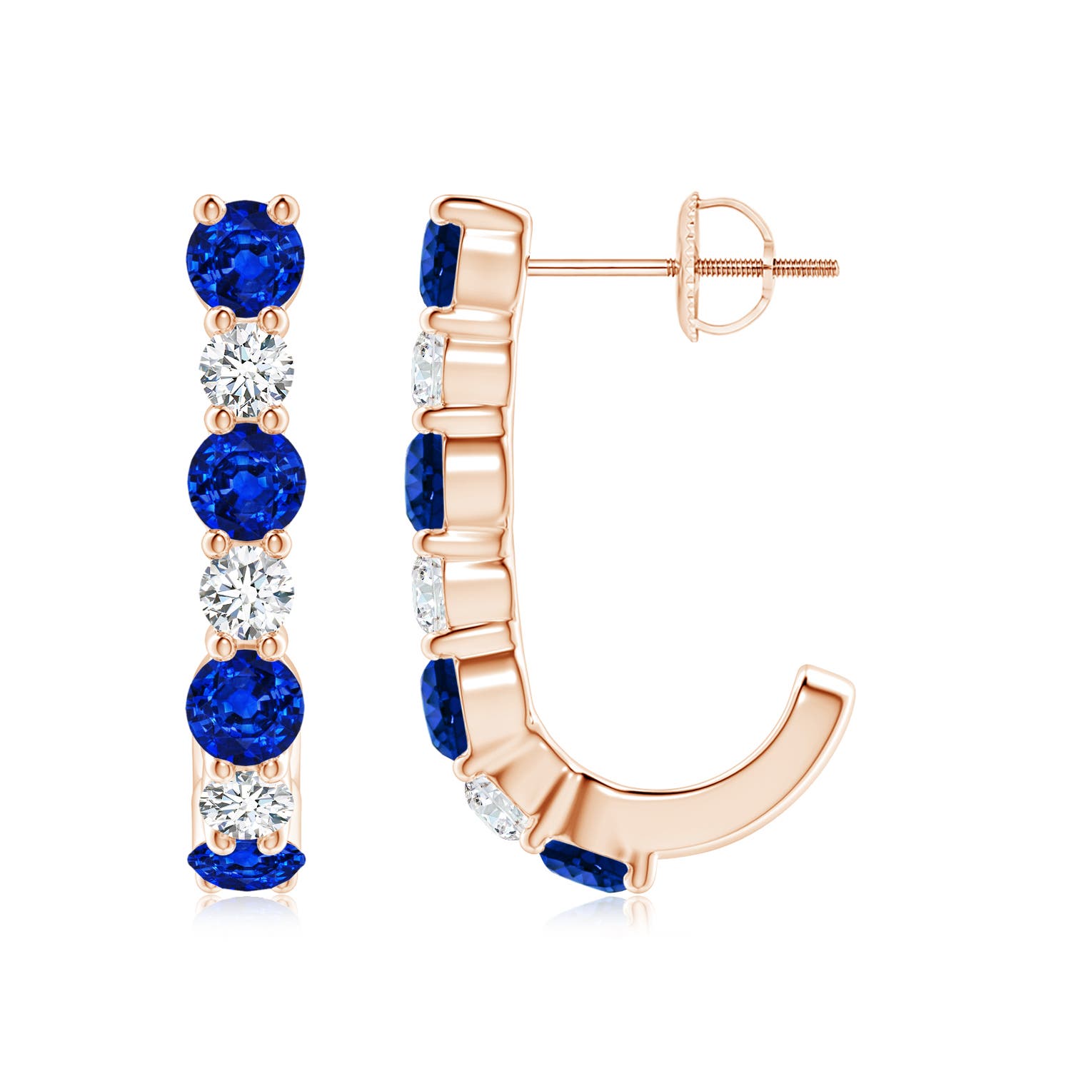 3.5mm AAAA Blue Sapphire and Diamond J-Hoop Earrings in Rose Gold