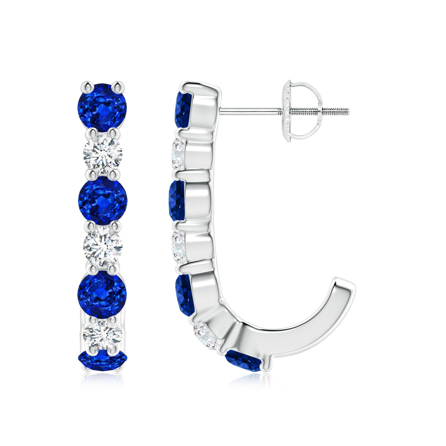 3.5mm AAAA Blue Sapphire and Diamond J-Hoop Earrings in White Gold