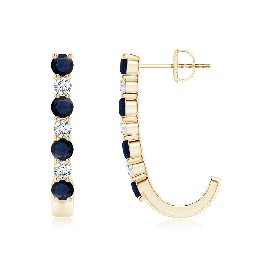 3mm A Blue Sapphire and Diamond J-Hoop Earrings in Yellow Gold 
