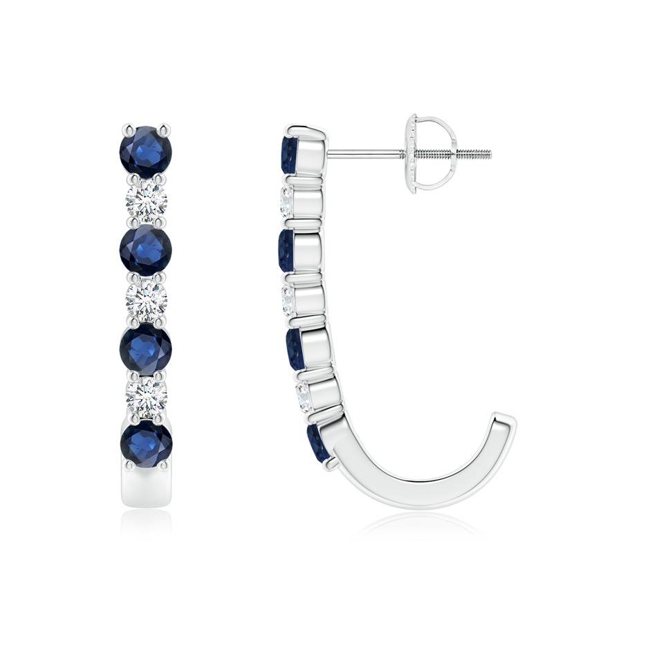 3mm AA Blue Sapphire and Diamond J-Hoop Earrings in White Gold 
