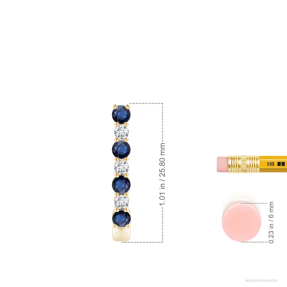 3mm AA Blue Sapphire and Diamond J-Hoop Earrings in Yellow Gold ruler