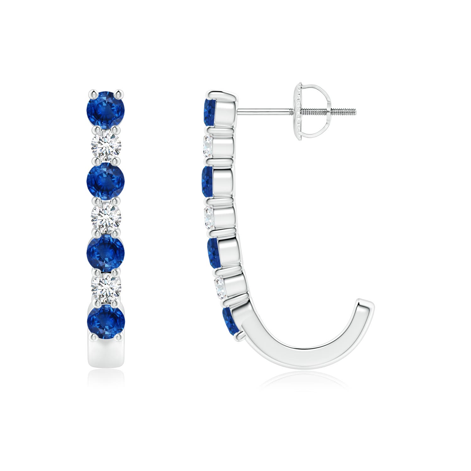 3mm AAA Blue Sapphire and Diamond J-Hoop Earrings in 18K White Gold