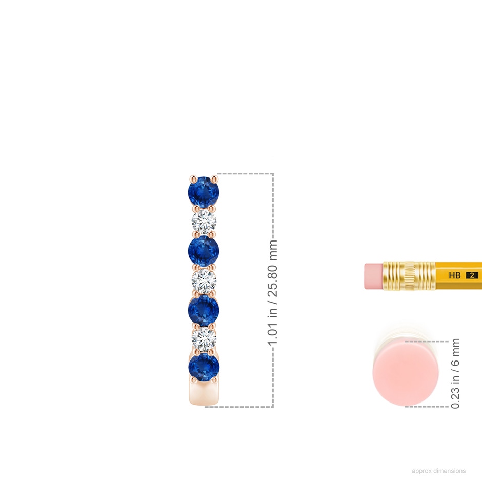 3mm AAA Blue Sapphire and Diamond J-Hoop Earrings in Rose Gold ruler