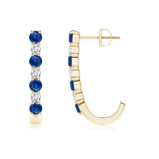 3mm AAA Blue Sapphire and Diamond J-Hoop Earrings in Yellow Gold