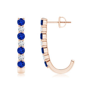 3mm AAAA Blue Sapphire and Diamond J-Hoop Earrings in 18K Rose Gold