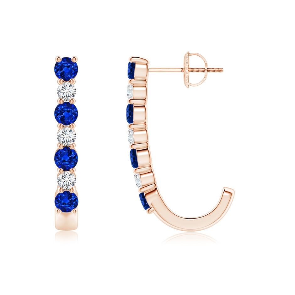 3mm AAAA Blue Sapphire and Diamond J-Hoop Earrings in Rose Gold 