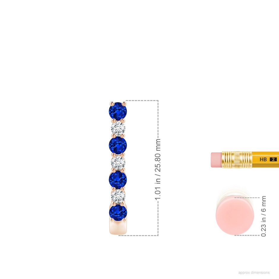 3mm AAAA Blue Sapphire and Diamond J-Hoop Earrings in Rose Gold ruler