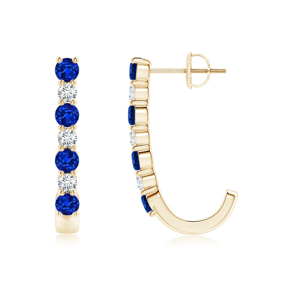 3mm Lab-Grown Blue Sapphire and Diamond J-Hoop Earrings in Yellow Gold