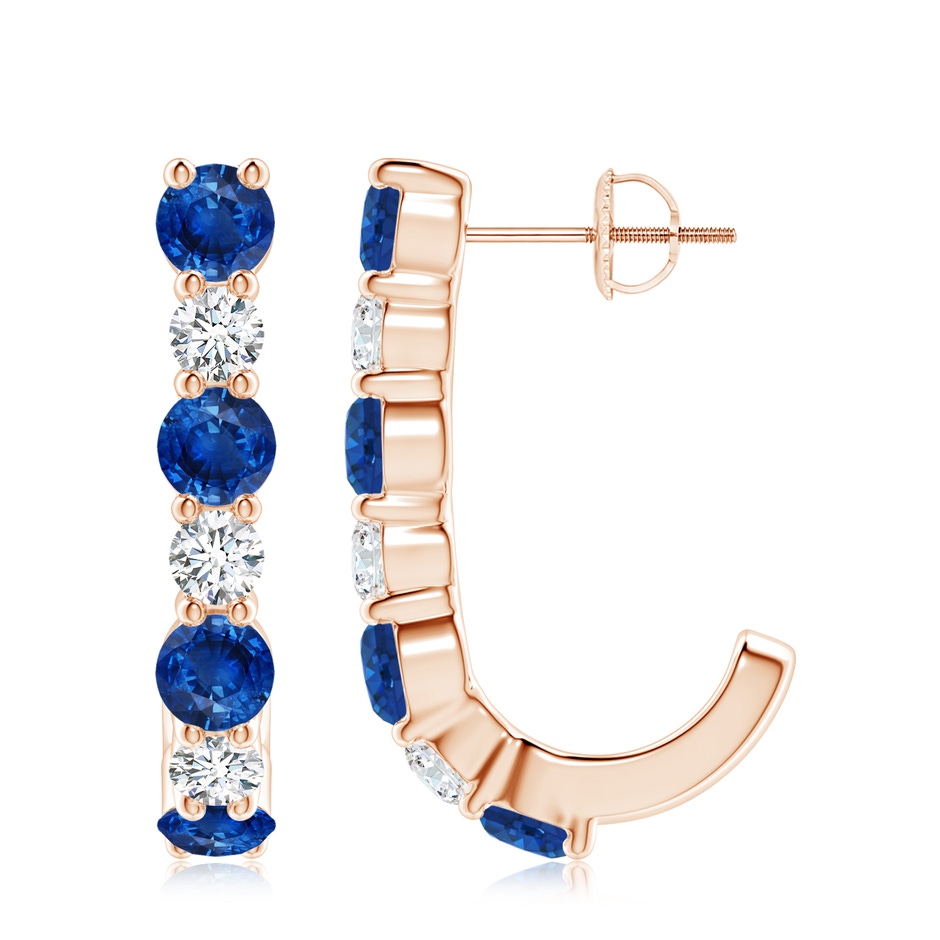 4mm AAA Blue Sapphire and Diamond J-Hoop Earrings in Rose Gold 
