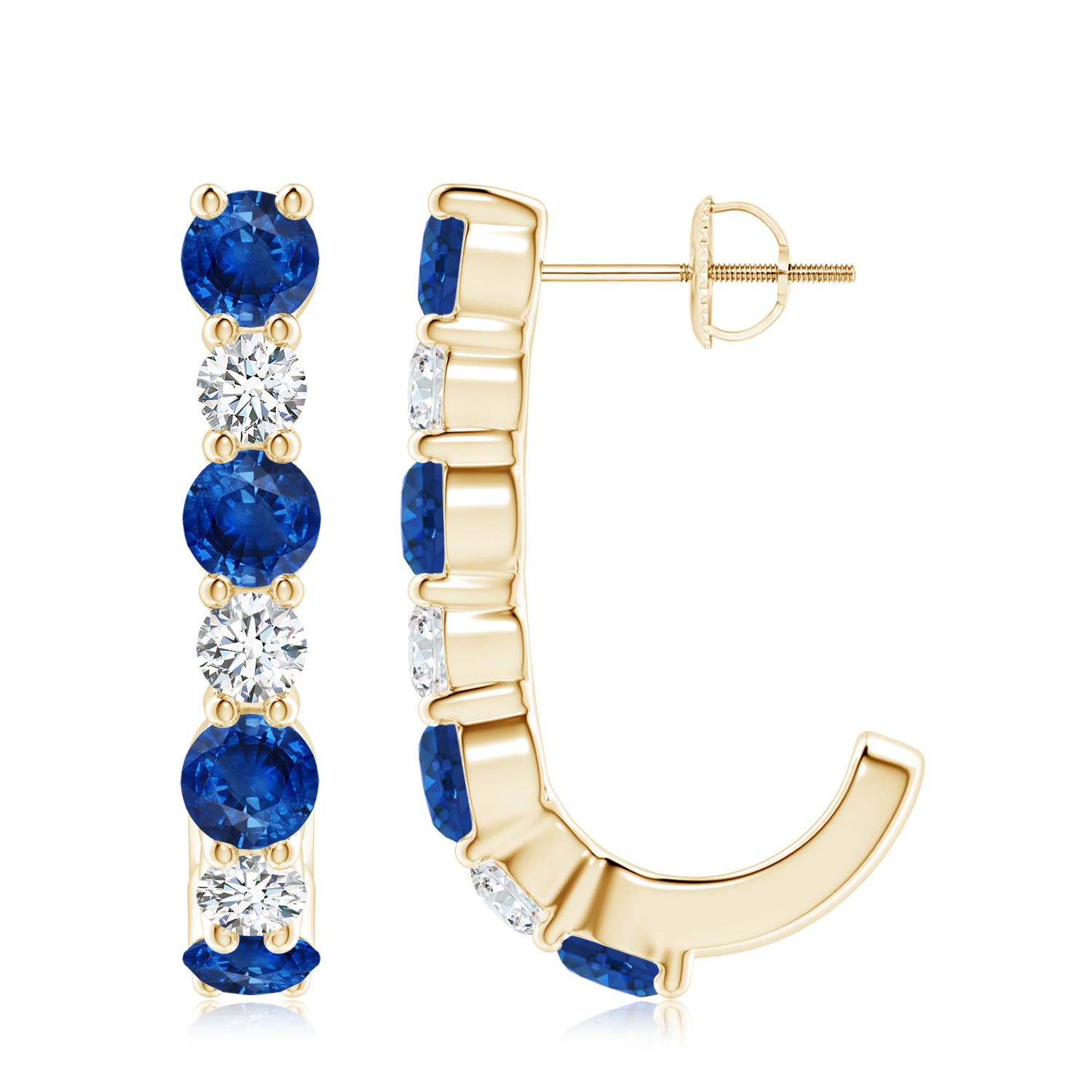 4mm AAA Blue Sapphire and Diamond J-Hoop Earrings in Yellow Gold