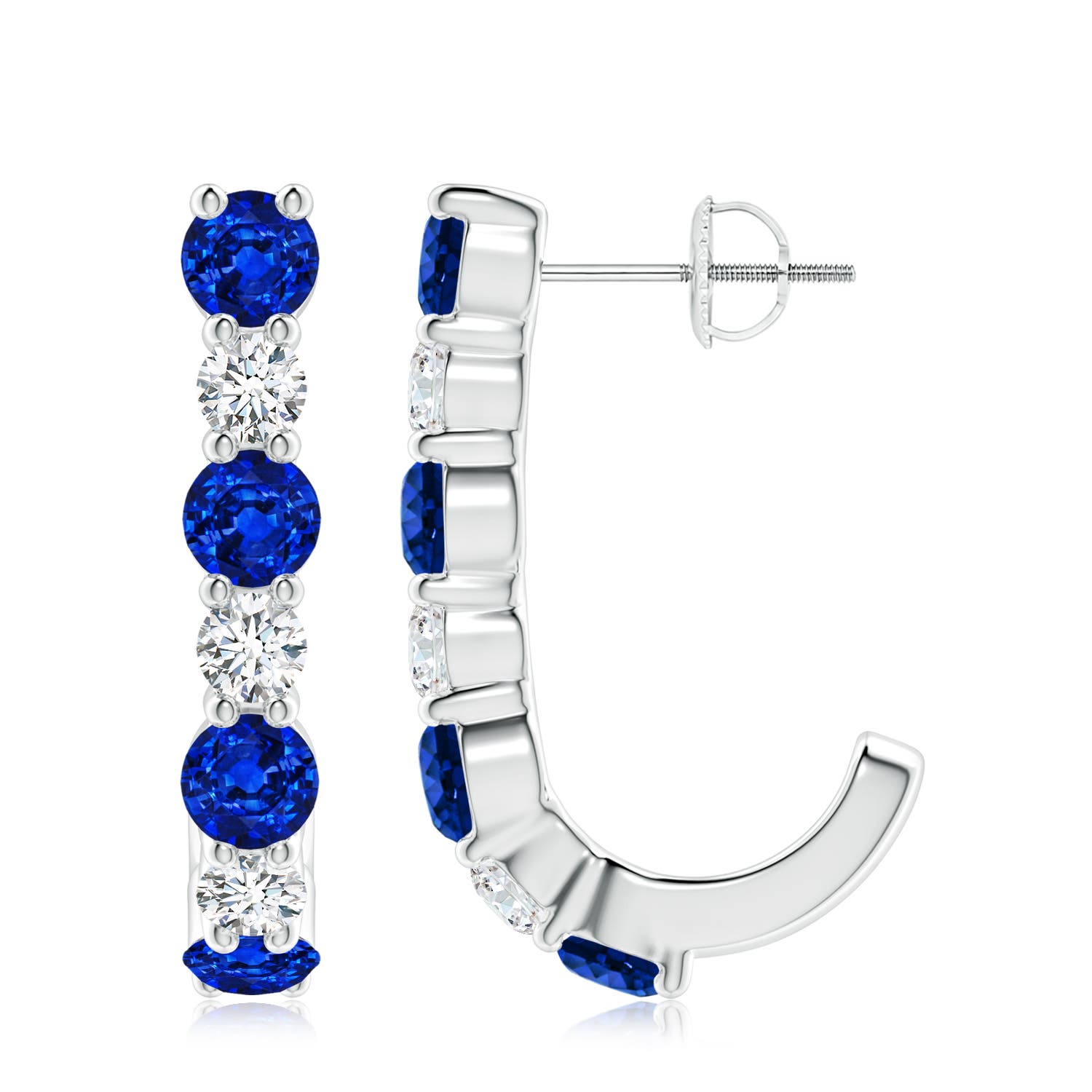 4mm AAAA Blue Sapphire and Diamond J-Hoop Earrings in White Gold