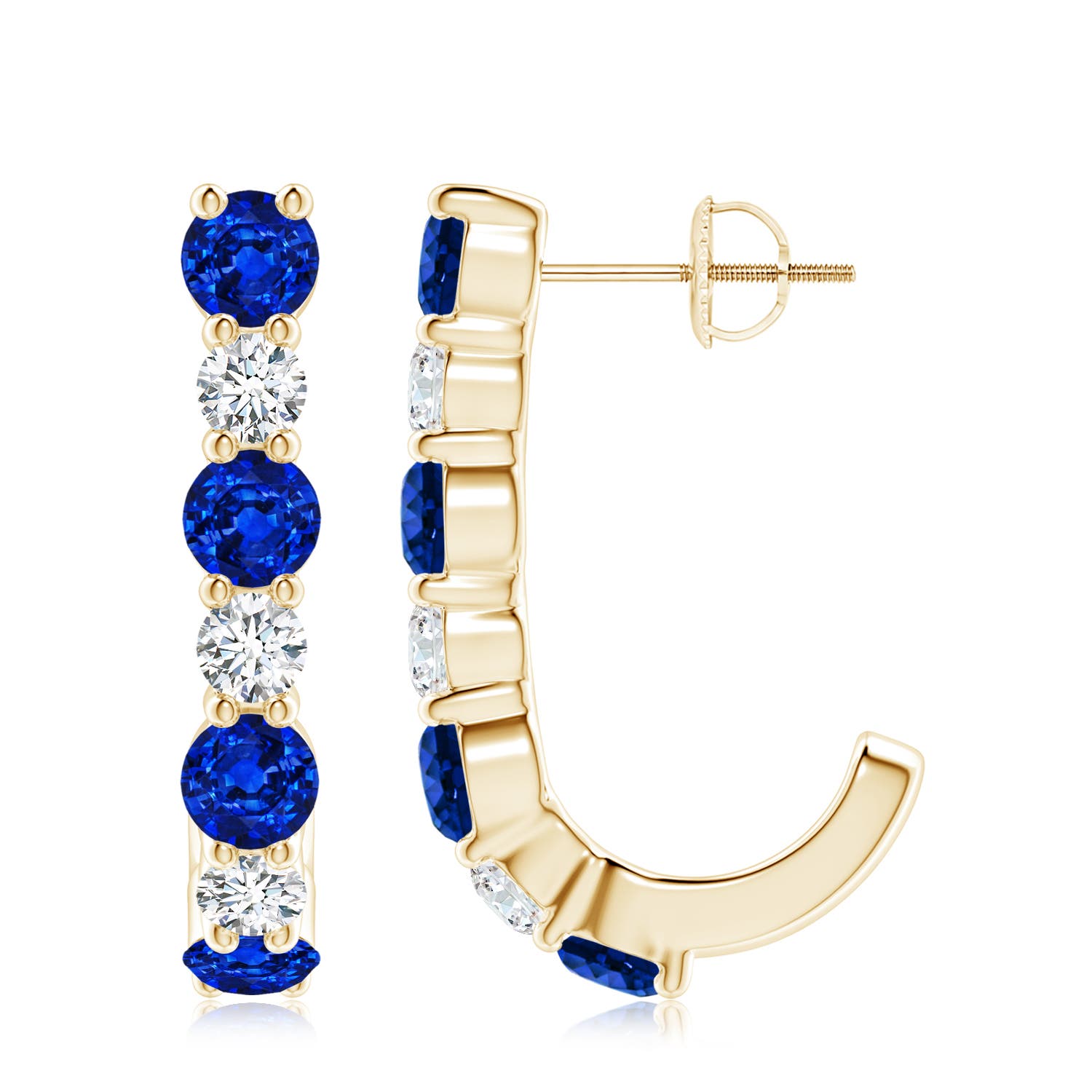 4mm AAAA Blue Sapphire and Diamond J-Hoop Earrings in Yellow Gold