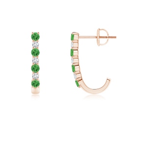 2mm AAA Tsavorite and Diamond J-Hoop Earrings in Rose Gold