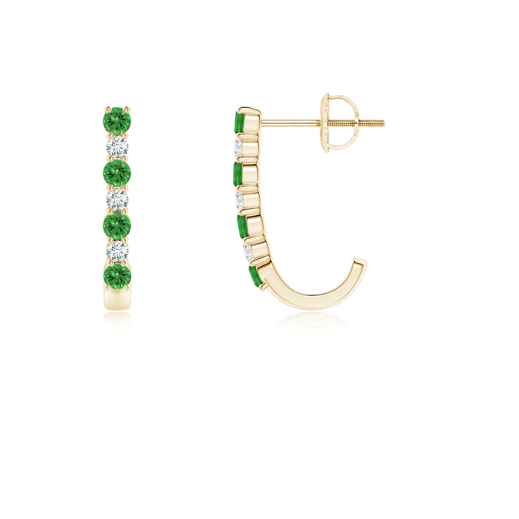 2mm AAAA Tsavorite and Diamond J-Hoop Earrings in Yellow Gold