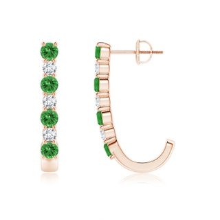 3mm AAAA Tsavorite and Diamond J-Hoop Earrings in Rose Gold