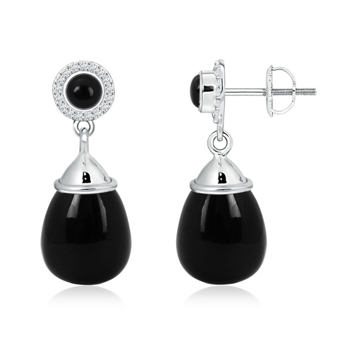 16x12mm AAA Black Onyx Drop Earrings with Diamonds in White Gold 