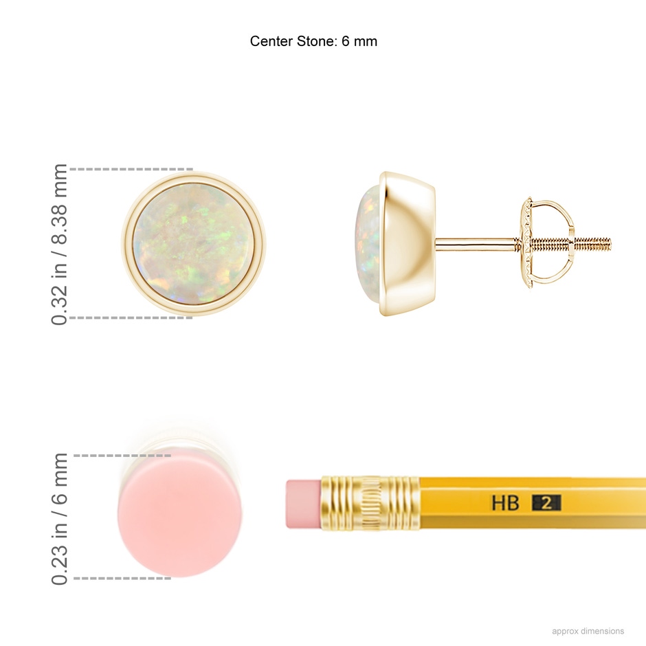 6mm AAA Bezel-Set Round Cabochon Opal Stud Earrings in Yellow Gold ruler