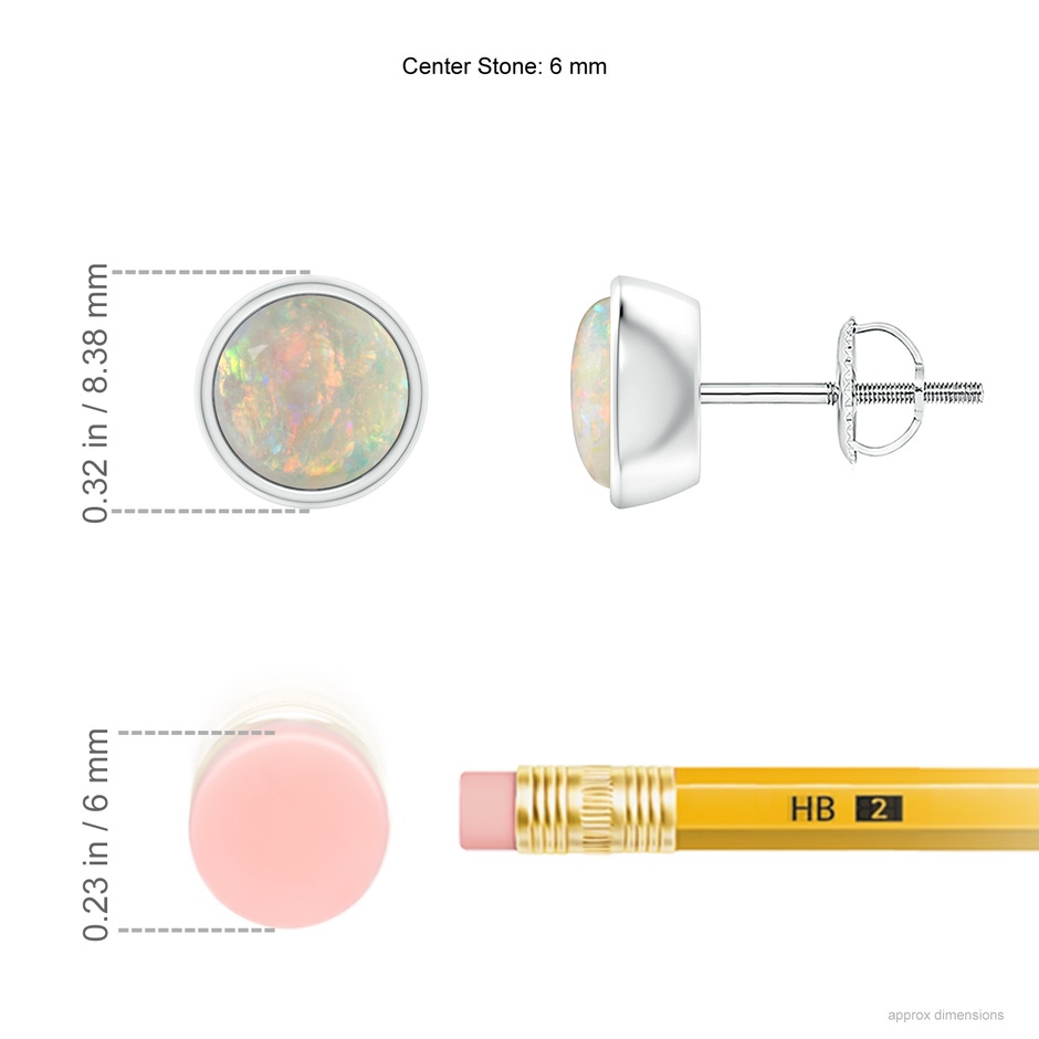6mm AAAA Bezel-Set Round Cabochon Opal Stud Earrings in P950 Platinum ruler