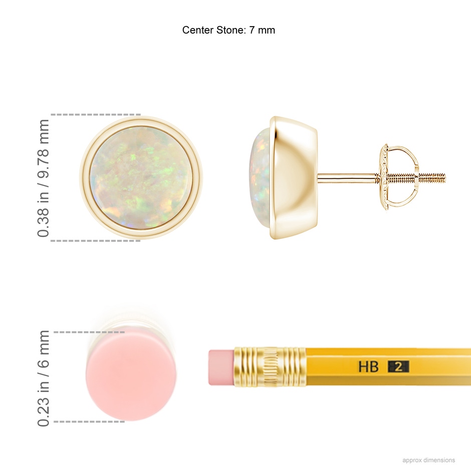 7mm AAA Bezel-Set Round Cabochon Opal Stud Earrings in Yellow Gold ruler