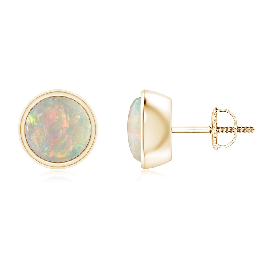 7mm AAAA Bezel-Set Round Cabochon Opal Stud Earrings in Yellow Gold 