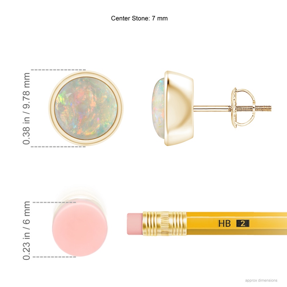 7mm AAAA Bezel-Set Round Cabochon Opal Stud Earrings in Yellow Gold ruler