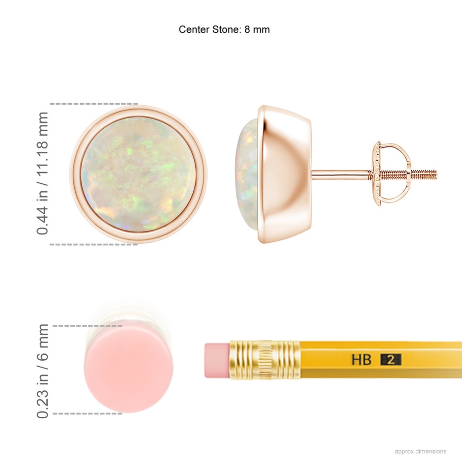 8mm AAA Bezel-Set Round Cabochon Opal Stud Earrings in 18K Rose Gold ruler