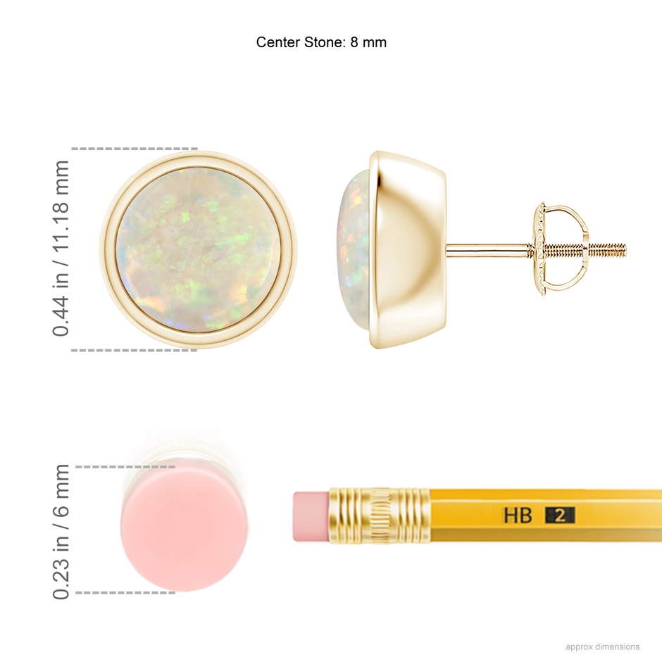 8mm AAA Bezel-Set Round Cabochon Opal Stud Earrings in Yellow Gold ruler