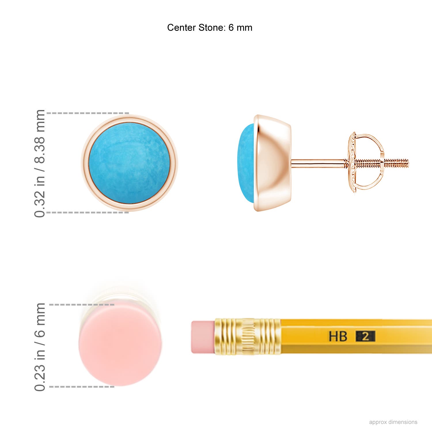 6mm A Bezel-Set Round Cabochon Turquoise Stud Earrings in Rose Gold - ruler