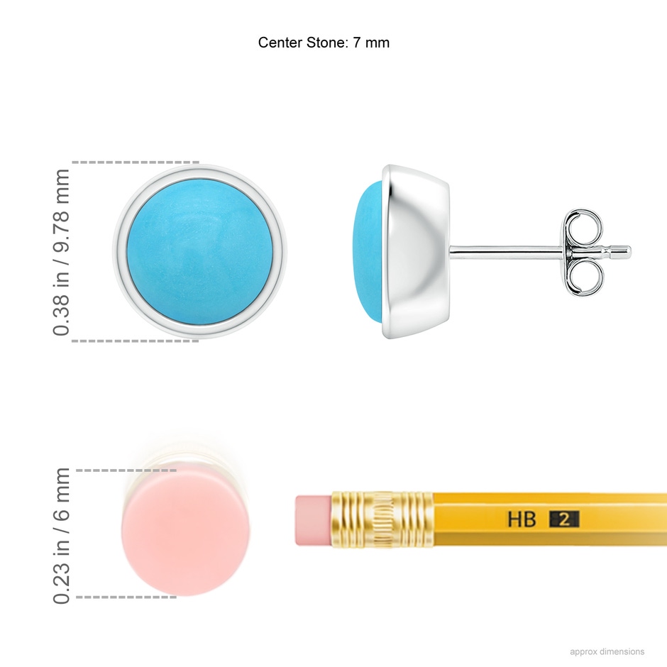 7mm AA Bezel-Set Round Cabochon Turquoise Stud Earrings in S999 Silver ruler