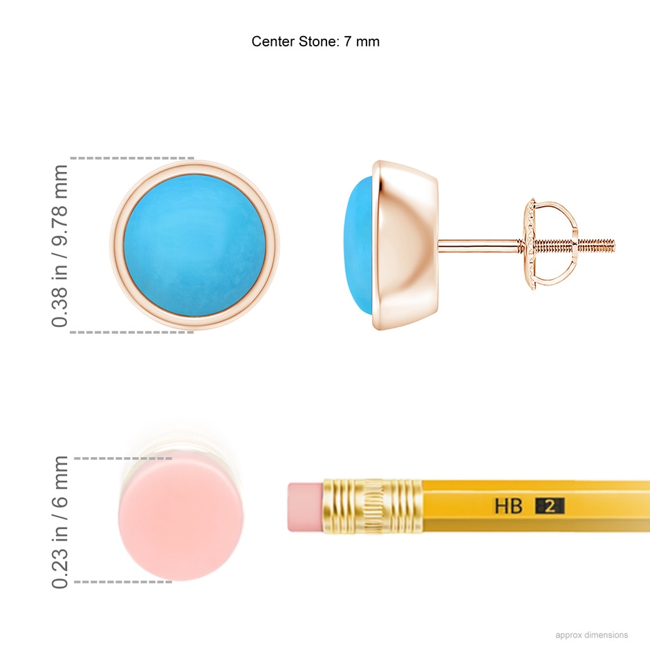 7mm AAA Bezel-Set Round Cabochon Turquoise Stud Earrings in Rose Gold ruler