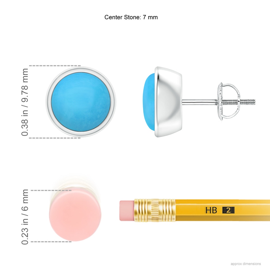 7mm AAA Bezel-Set Round Cabochon Turquoise Stud Earrings in White Gold ruler