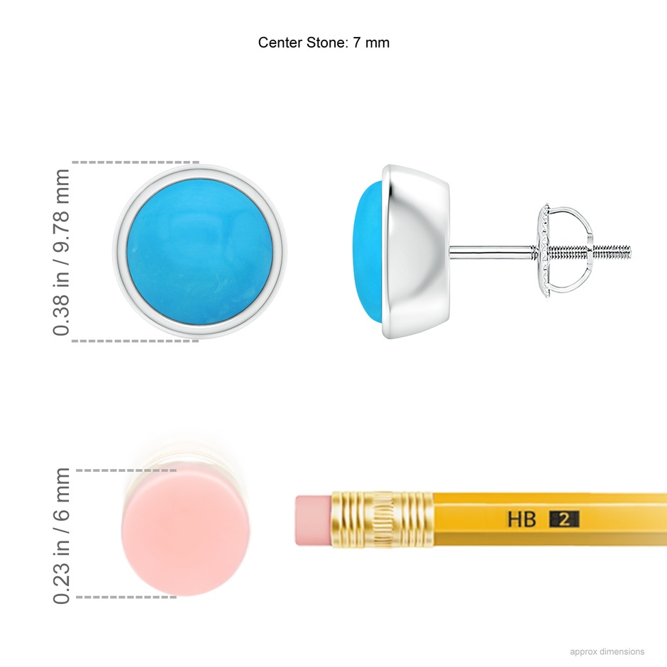 7mm AAAA Bezel-Set Round Cabochon Turquoise Stud Earrings in White Gold ruler