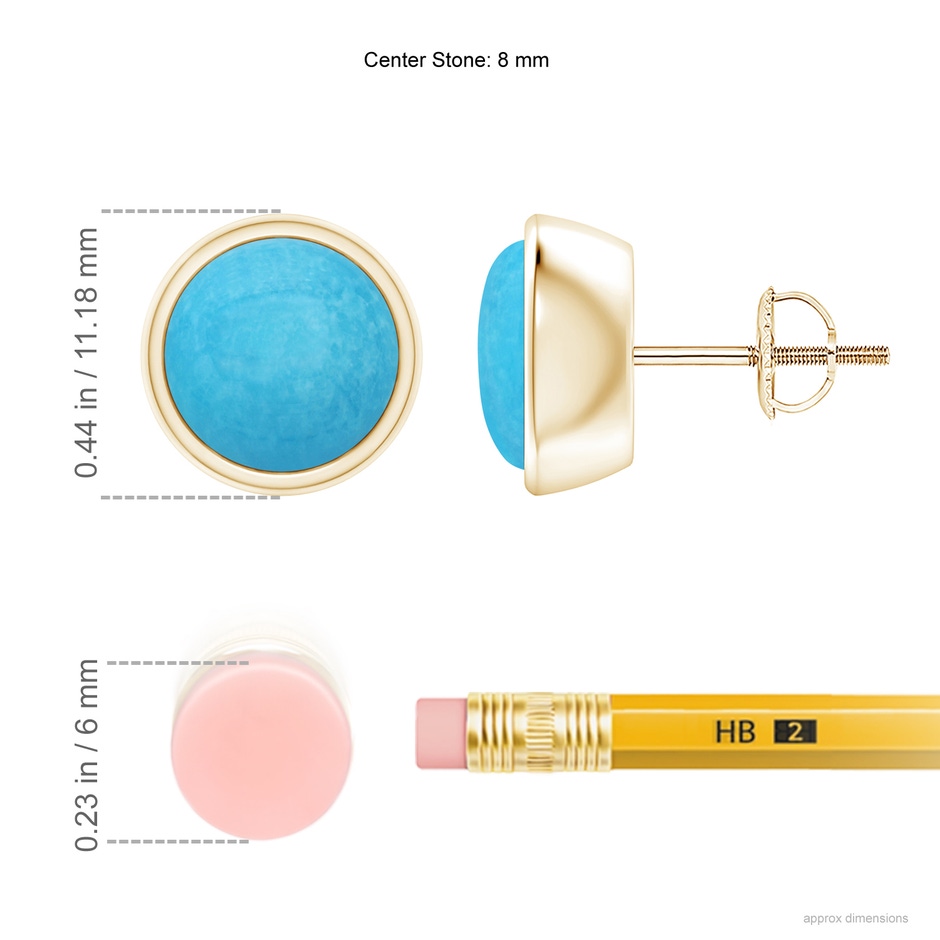 8mm A Bezel-Set Round Cabochon Turquoise Stud Earrings in Yellow Gold ruler
