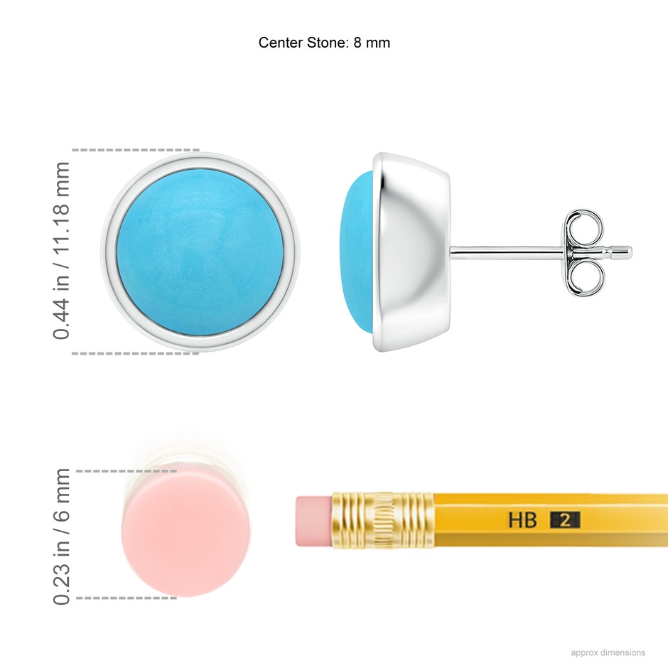 8mm AA Bezel-Set Round Cabochon Turquoise Stud Earrings in S999 Silver ruler