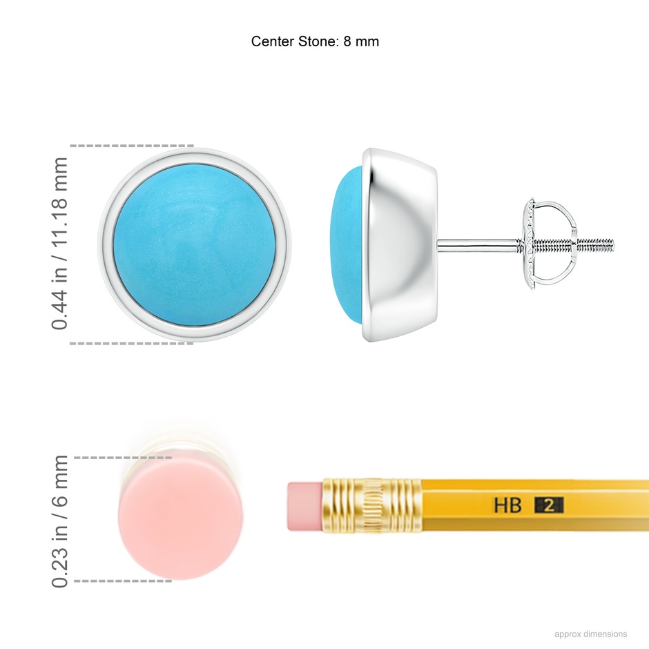 8mm AA Bezel-Set Round Cabochon Turquoise Stud Earrings in White Gold ruler