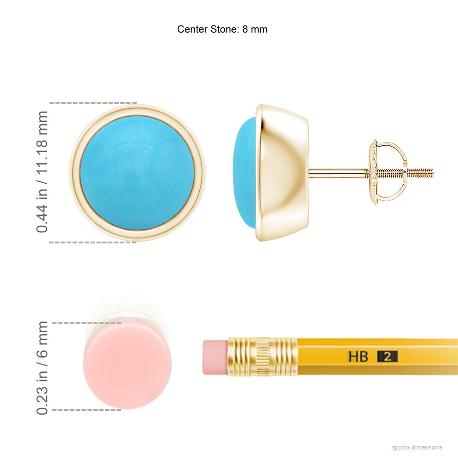 8mm AA Bezel-Set Round Cabochon Turquoise Stud Earrings in Yellow Gold ruler