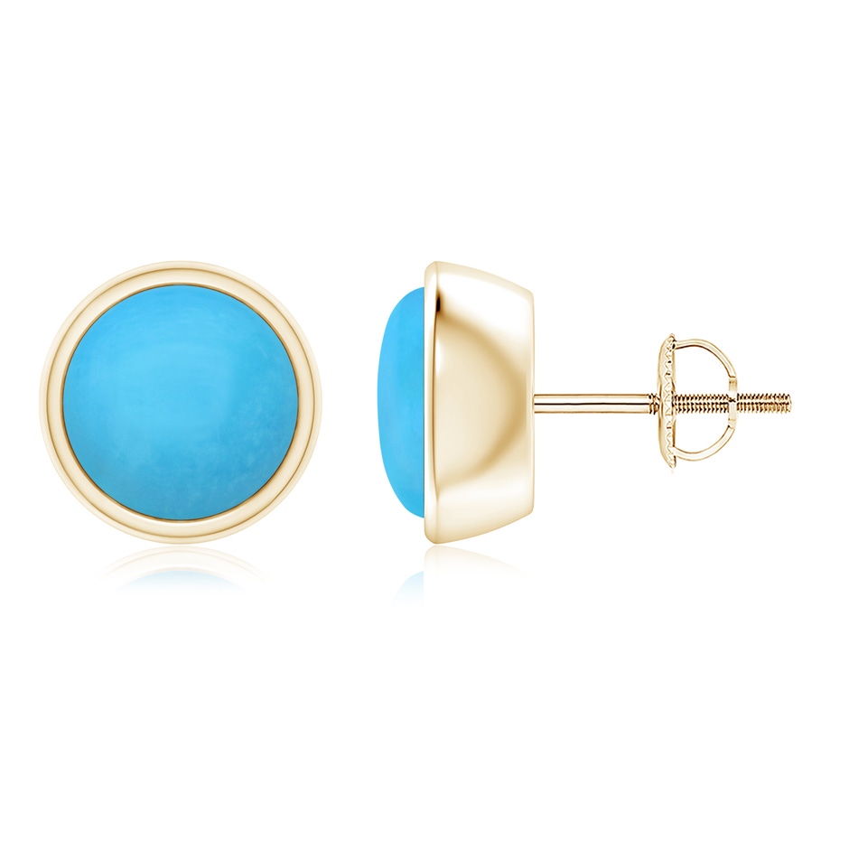 8mm AAA Bezel-Set Round Cabochon Turquoise Stud Earrings in Yellow Gold 