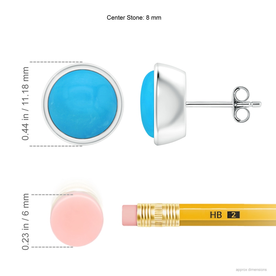 8mm AAAA Bezel-Set Round Cabochon Turquoise Stud Earrings in S999 Silver ruler