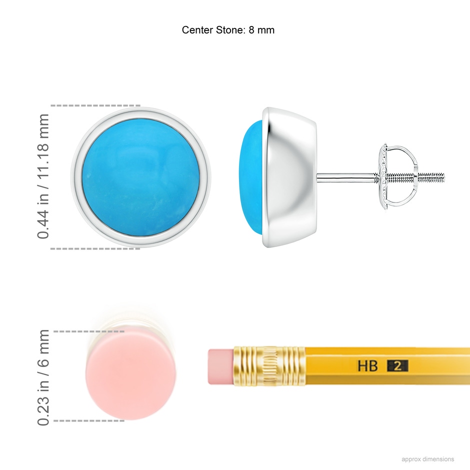 8mm AAAA Bezel-Set Round Cabochon Turquoise Stud Earrings in White Gold ruler