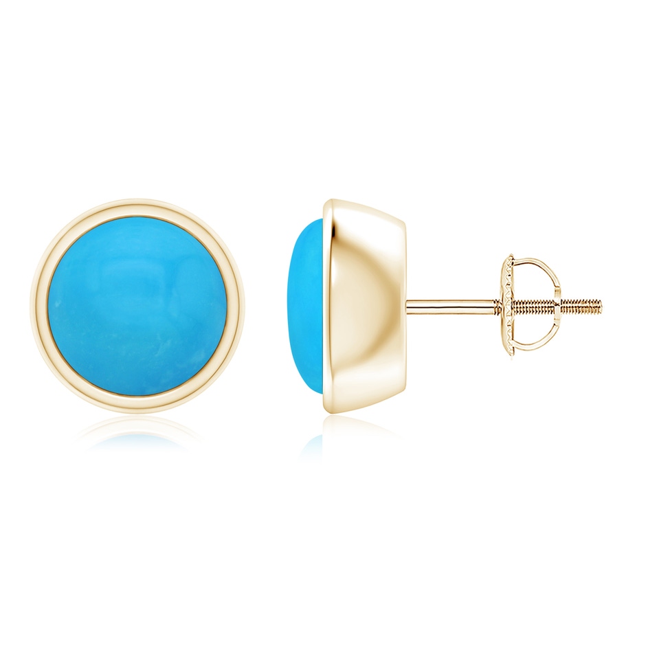 8mm AAAA Bezel-Set Round Cabochon Turquoise Stud Earrings in Yellow Gold 