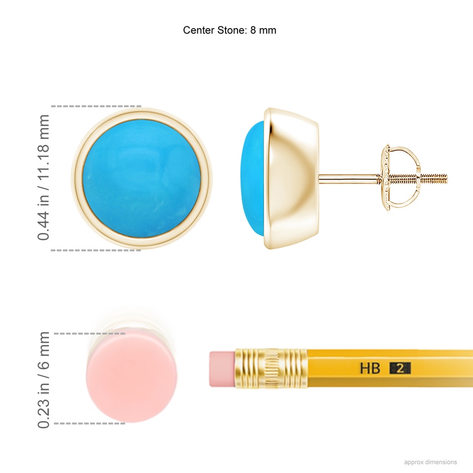 8mm AAAA Bezel-Set Round Cabochon Turquoise Stud Earrings in Yellow Gold ruler