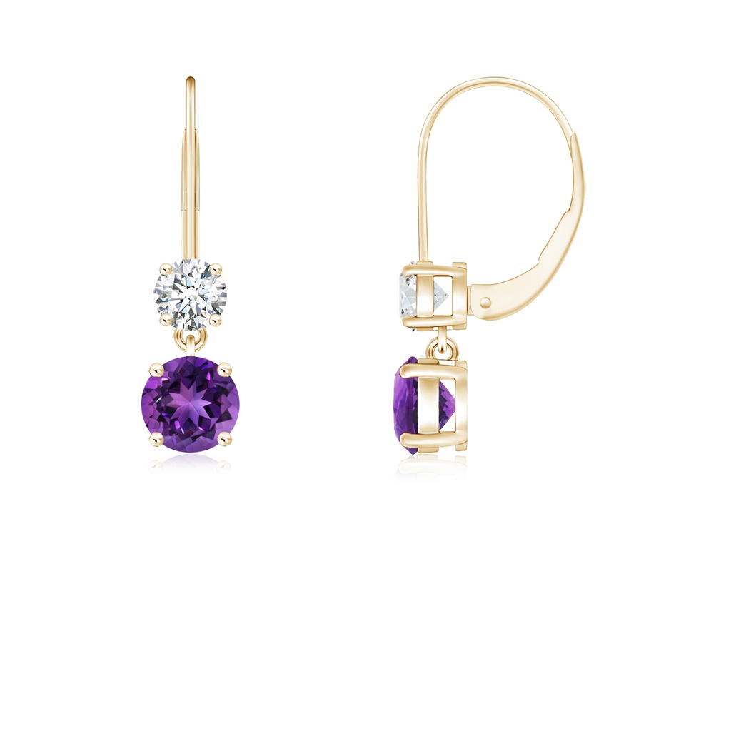 4mm AAAA Round Amethyst Leverback Dangle Earrings with Diamond in Yellow Gold